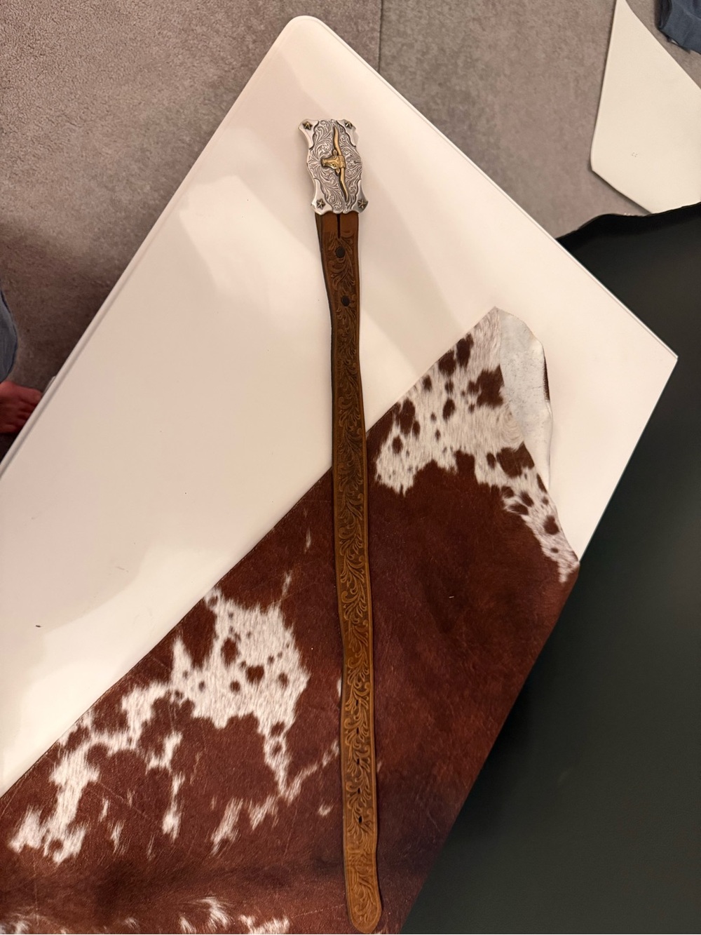 Tooled Brown Leather Belt with Decorative Buckle